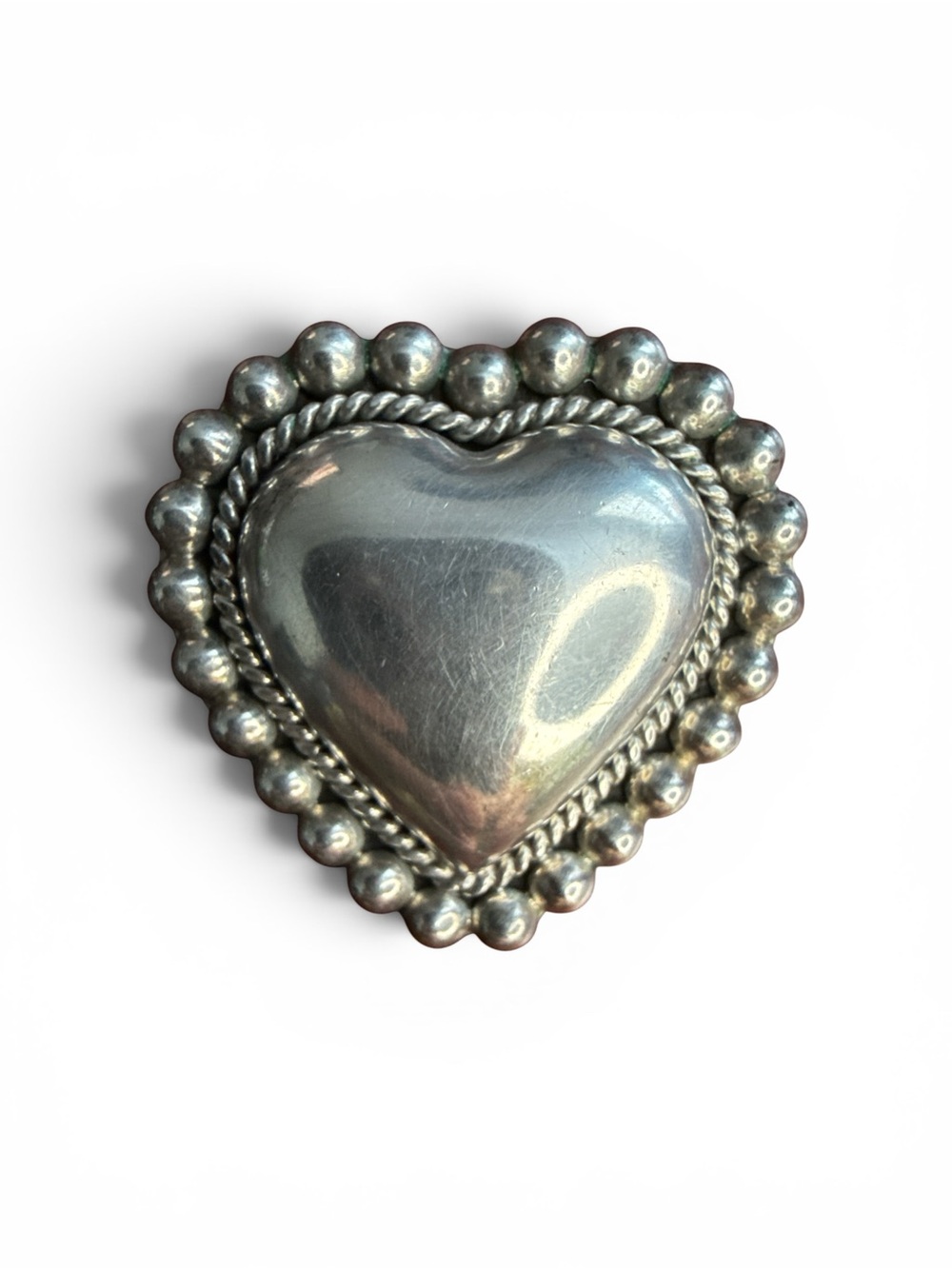 Mexico 925 Sterling Silver Puffy Heart Brooch Pendant 20g Rope Beaded Border